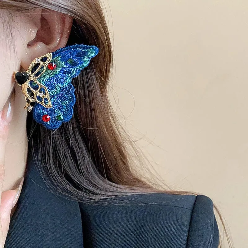Retro Chunky Rhinestone Inlaid Embroidery Butterfly Stud Earrings