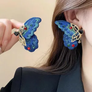 Retro Chunky Rhinestone Inlaid Embroidery Butterfly Stud Earrings