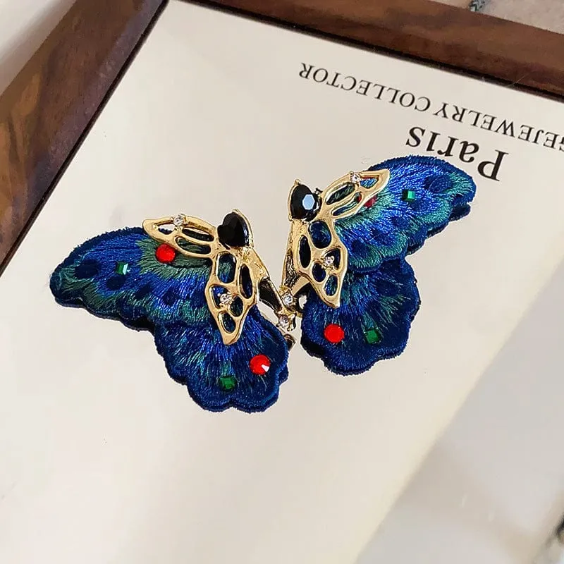 Retro Chunky Rhinestone Inlaid Embroidery Butterfly Stud Earrings