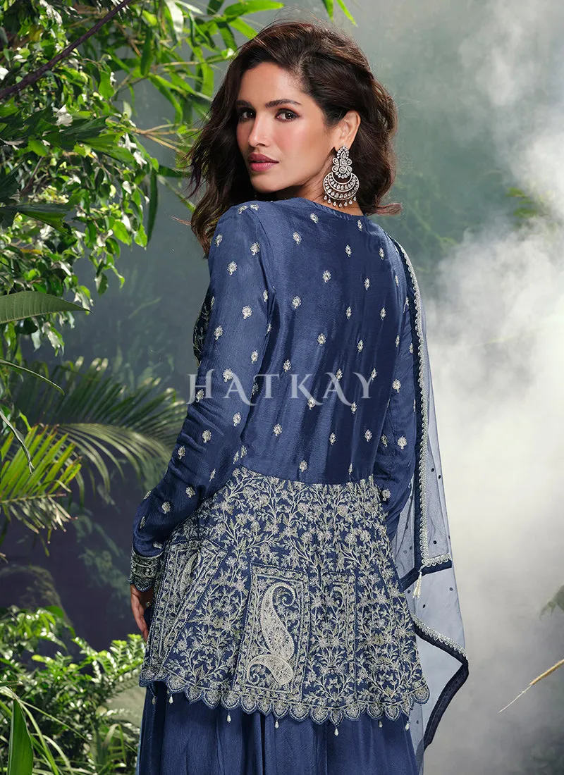 Rich Blue Embroidery Sharara Suit