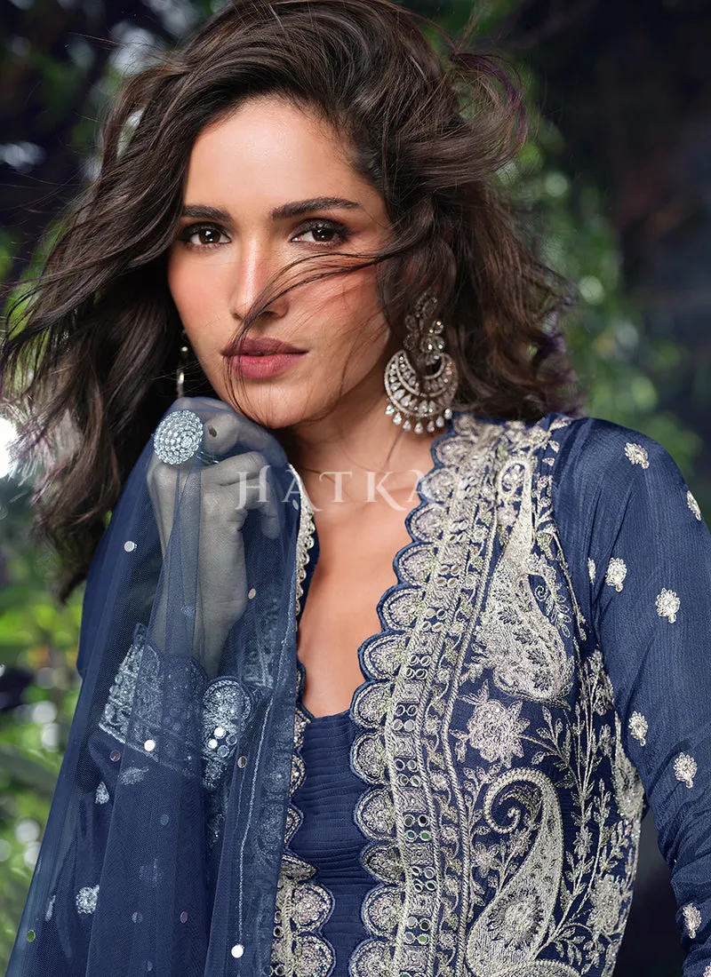 Rich Blue Embroidery Sharara Suit