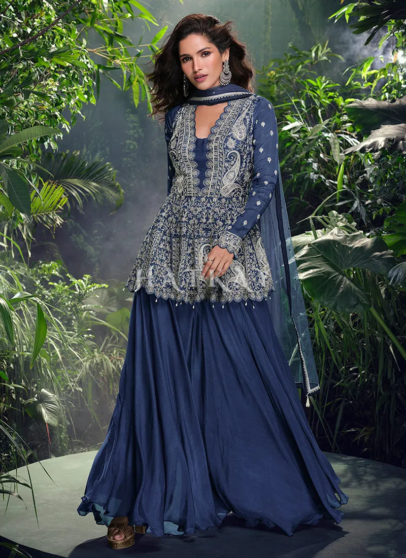 Rich Blue Embroidery Sharara Suit