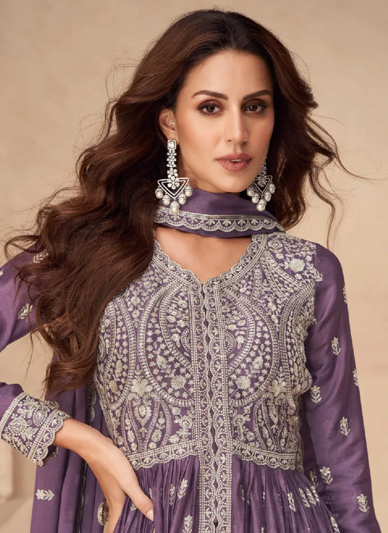 Rich Purple Embroidered Slit Style Anarkali Lehenga