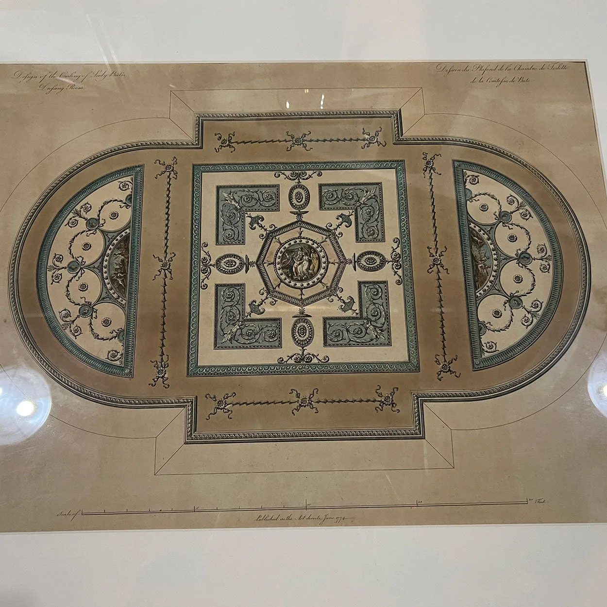 ROBERT ADAM Colored Bookplate Engraving, Lady Bute's Dressing Room Ceiling