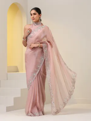 Rose Gold Organza Saree with Cut-Dana Embroidery with Blouse Fabric