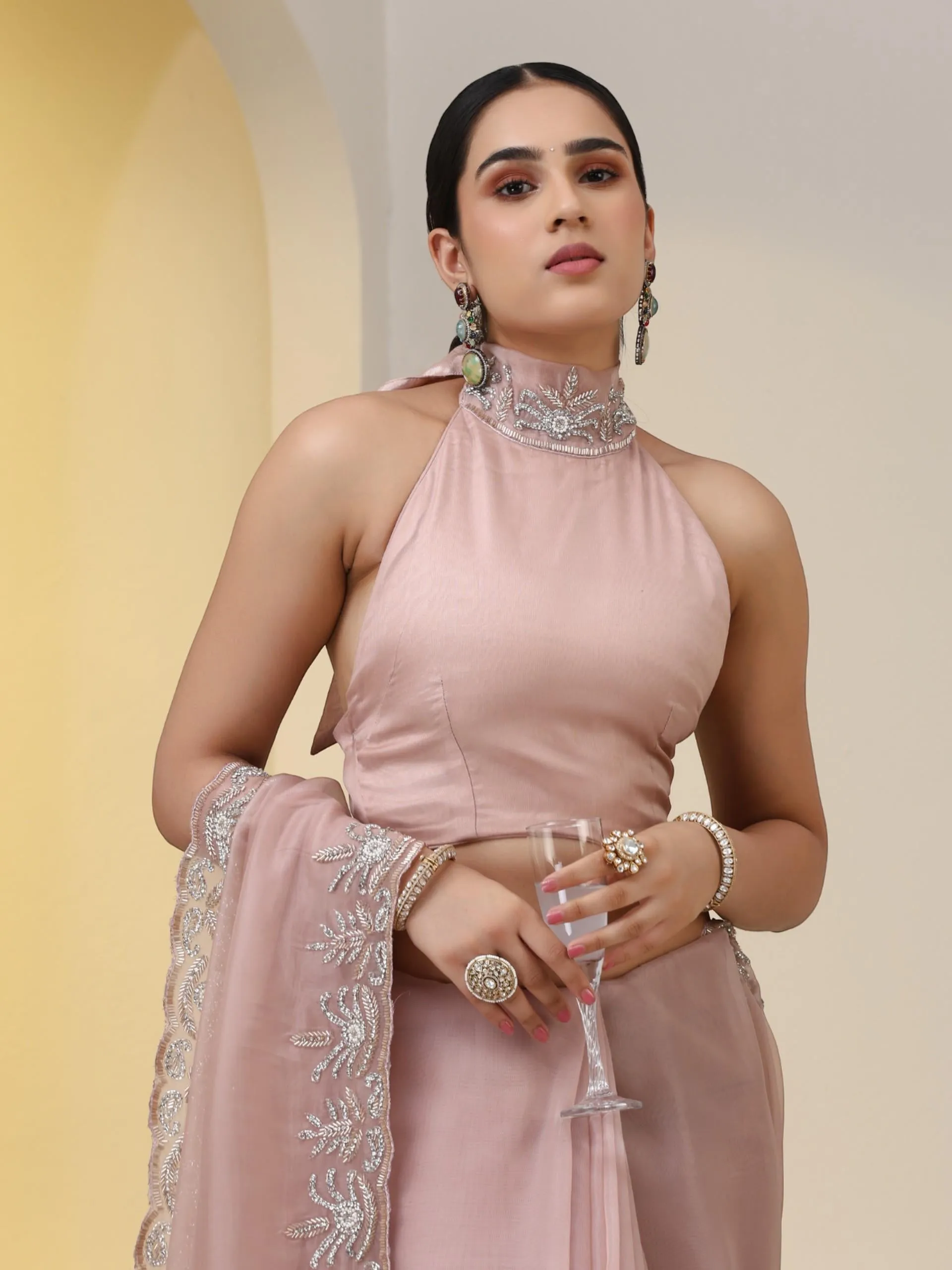 Rose Gold Organza Saree with Cut-Dana Embroidery with Blouse Fabric