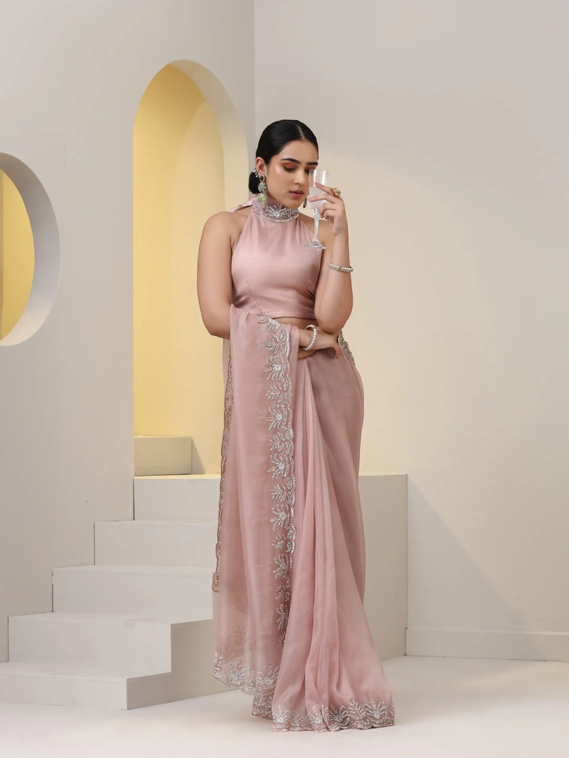 Rose Gold Organza Saree with Cut-Dana Embroidery with Blouse Fabric
