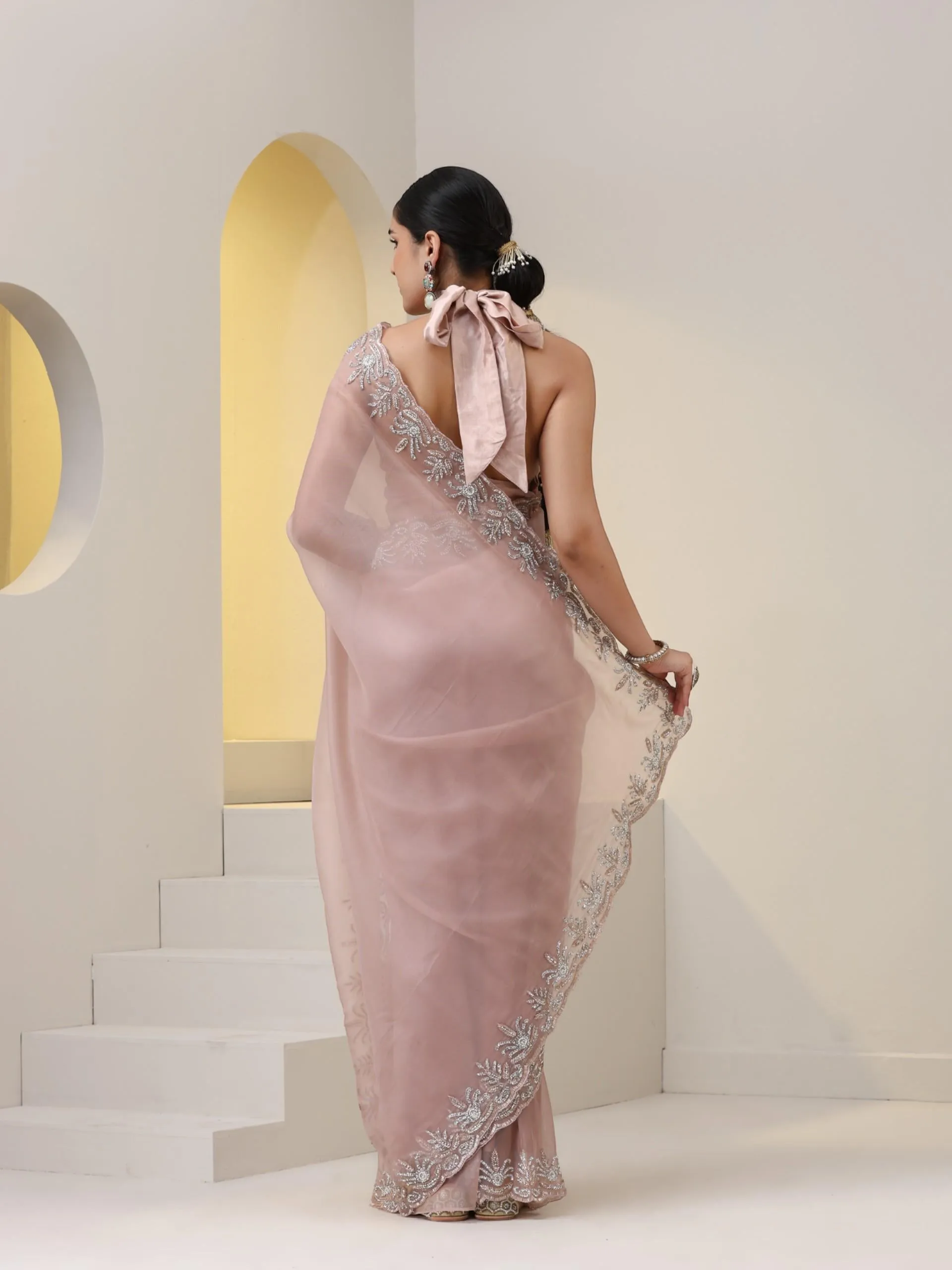 Rose Gold Organza Saree with Cut-Dana Embroidery with Blouse Fabric
