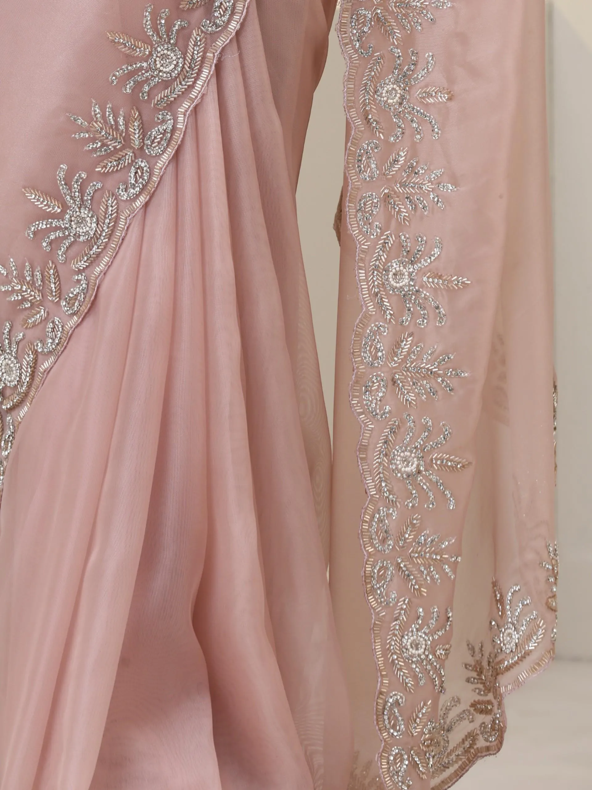 Rose Gold Organza Saree with Cut-Dana Embroidery with Blouse Fabric