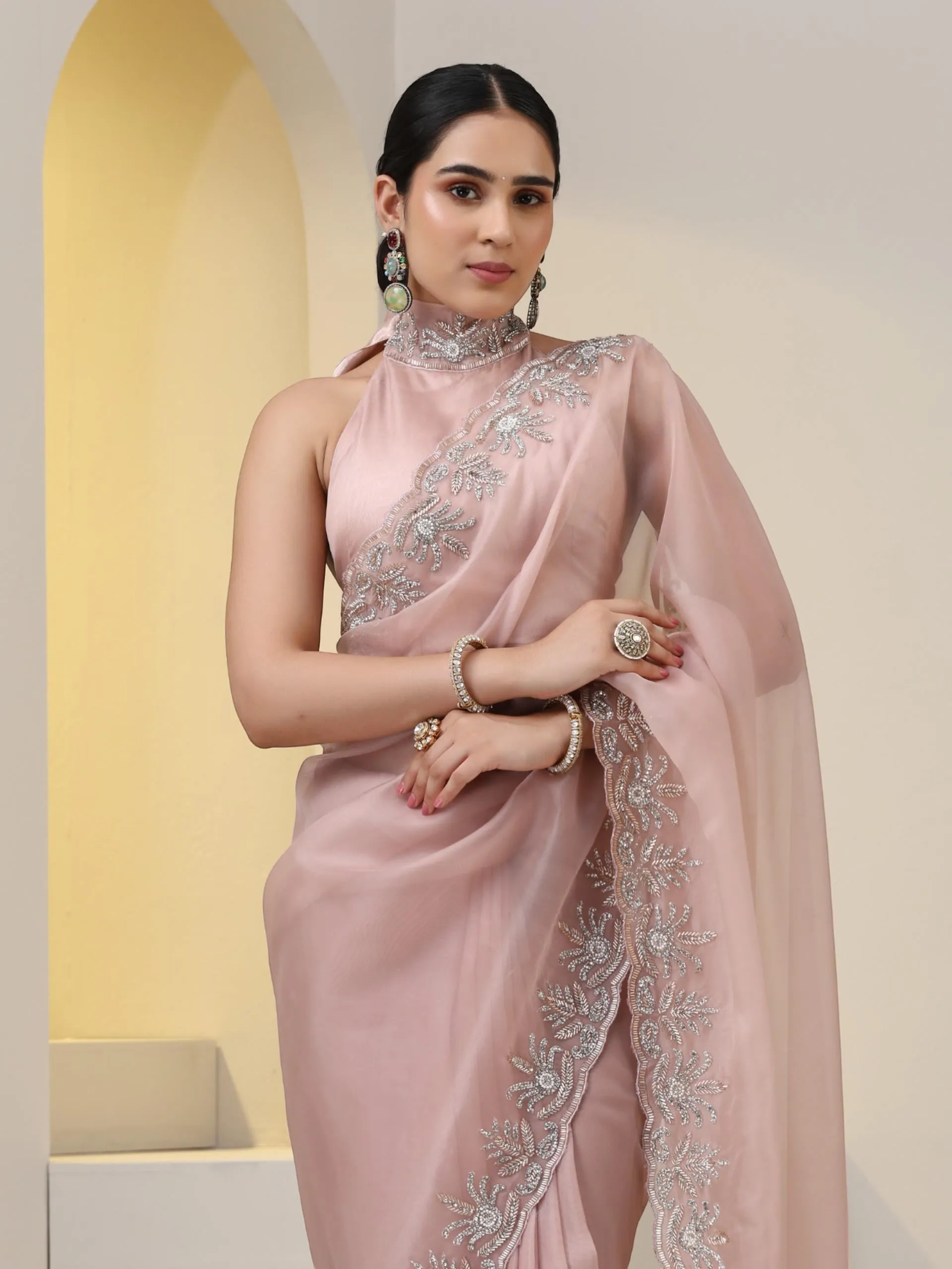 Rose Gold Organza Saree with Cut-Dana Embroidery with Blouse Fabric