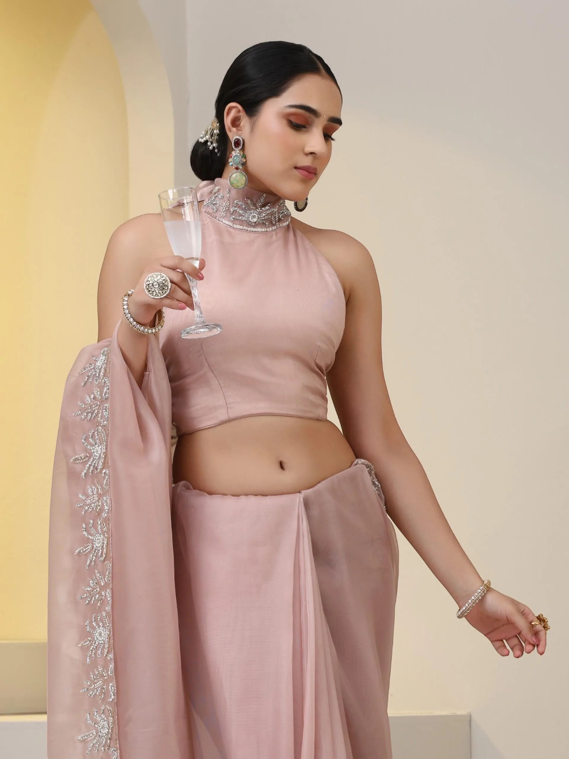 Rose Gold Organza Saree with Cut-Dana Embroidery with Blouse Fabric