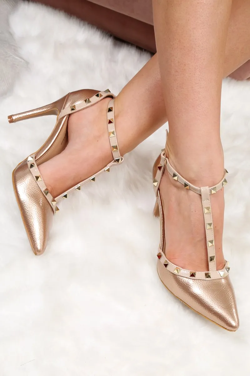 Rose Gold Studded T-Bar Court Heels - Kiri