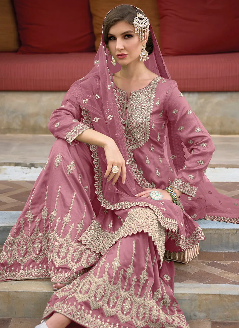 Rose Pink Embroidery Festive Sharara Style Suit