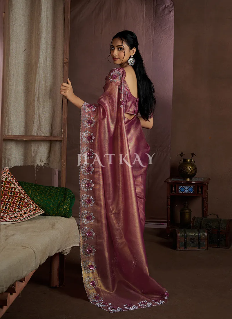 Rose Pink Handwork Silk Wedding Saree