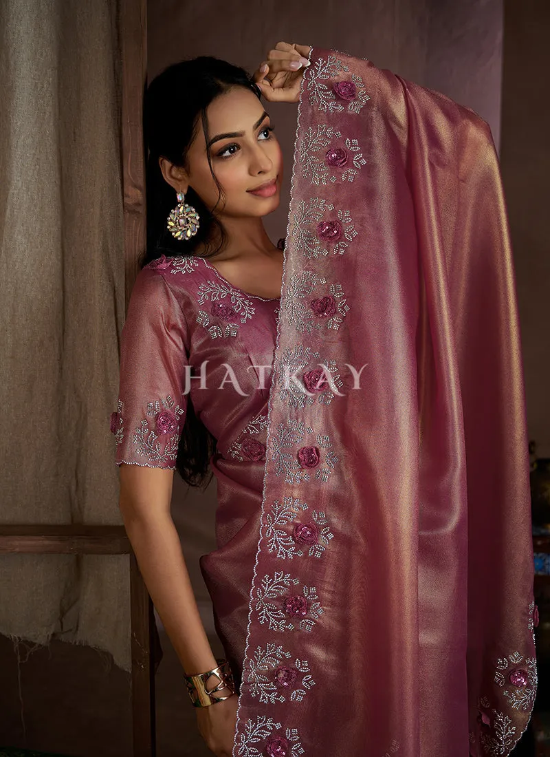 Rose Pink Handwork Silk Wedding Saree