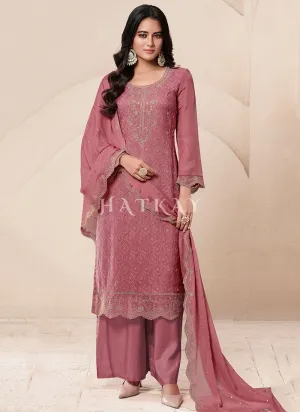 Rose Pink Schiffli Embroidered Pakistani Palazzo Suit