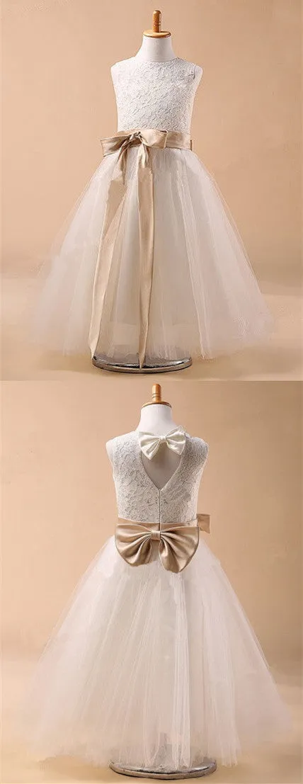 Round Neck Sleeveless Lace Top Tulle Flower Girl Dresses With Bow, FG0134