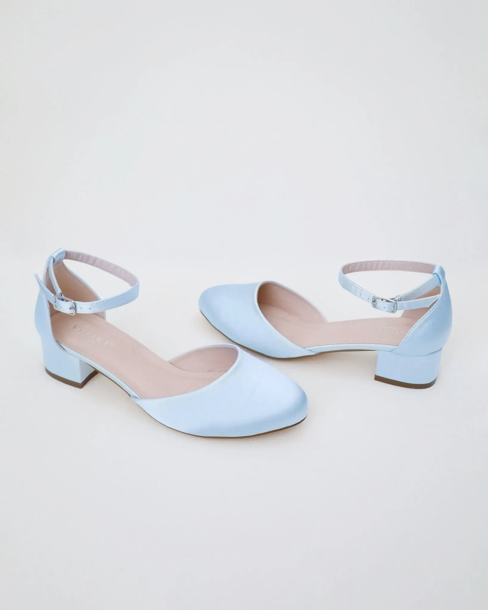 Round Toe Satin Block Heel with Ankle Strap