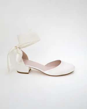 Round Toe Satin Block Heel with Wrapped Ribbon Tie