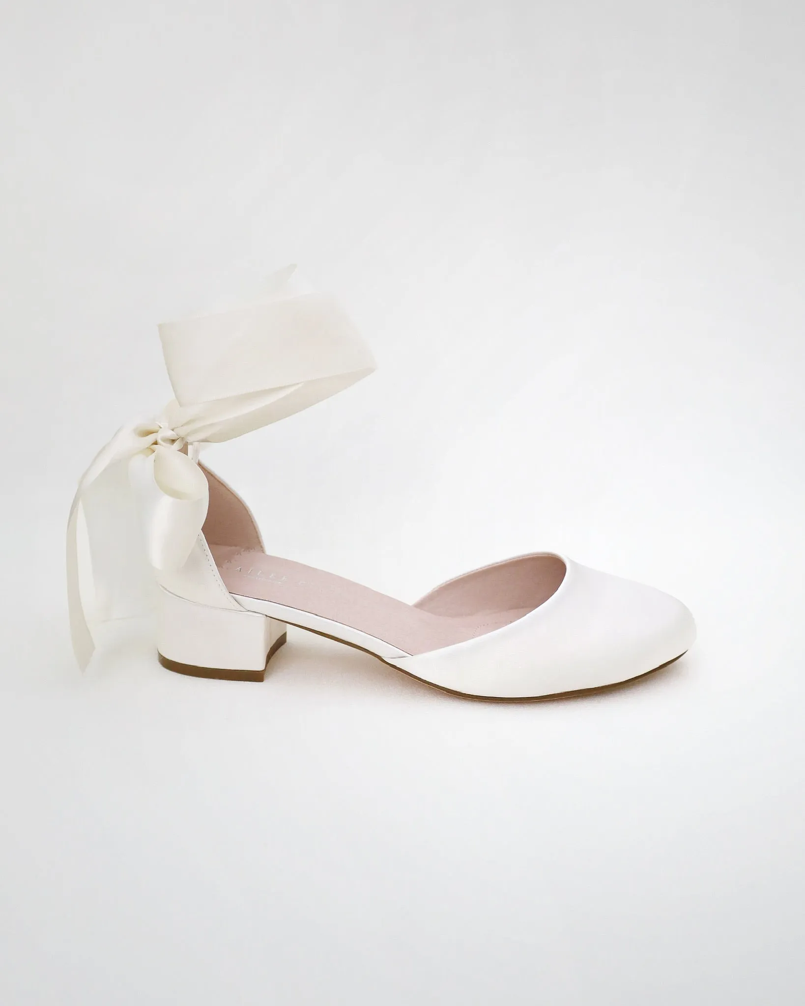 Round Toe Satin Block Heel with Wrapped Ribbon Tie