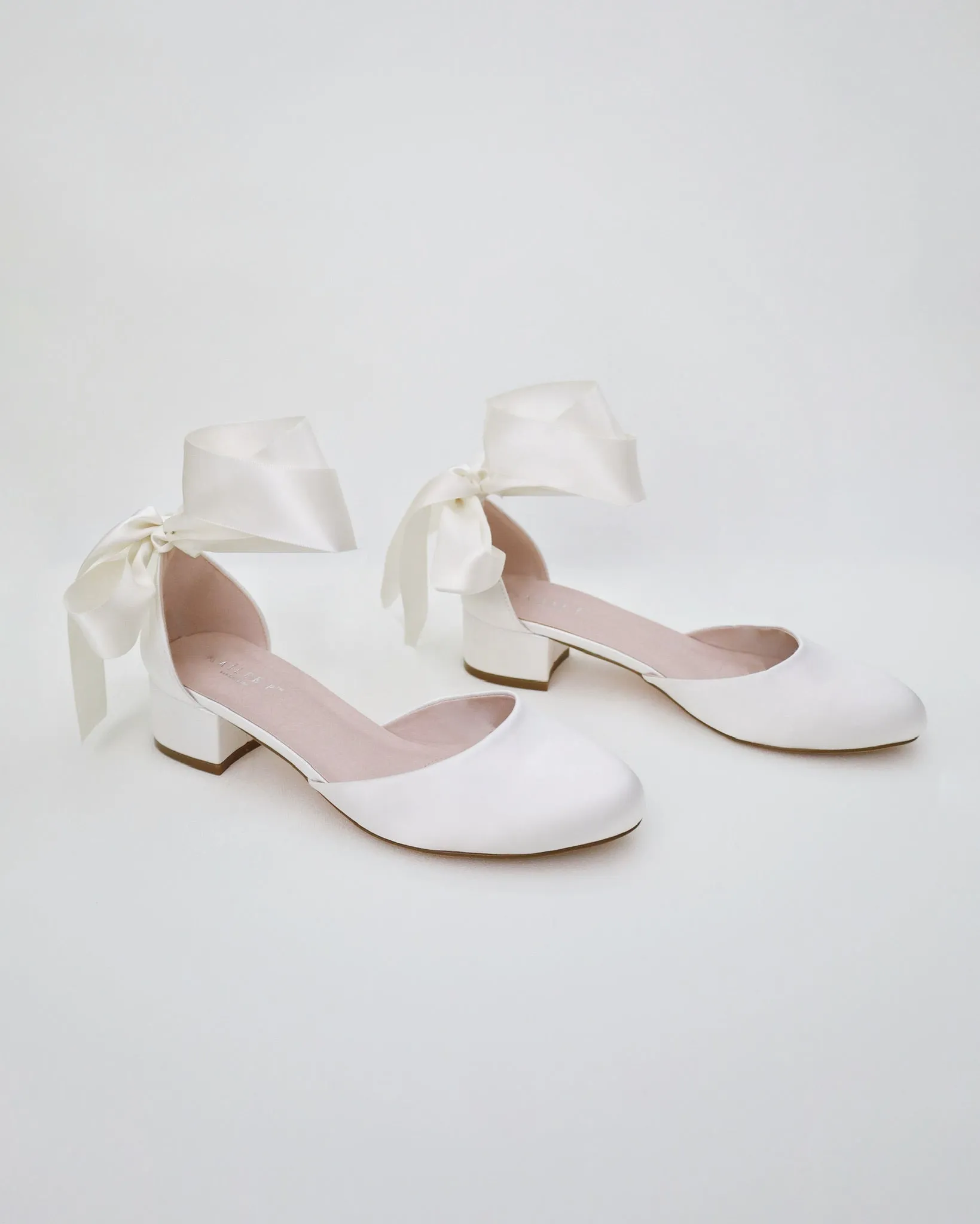 Round Toe Satin Block Heel with Wrapped Ribbon Tie