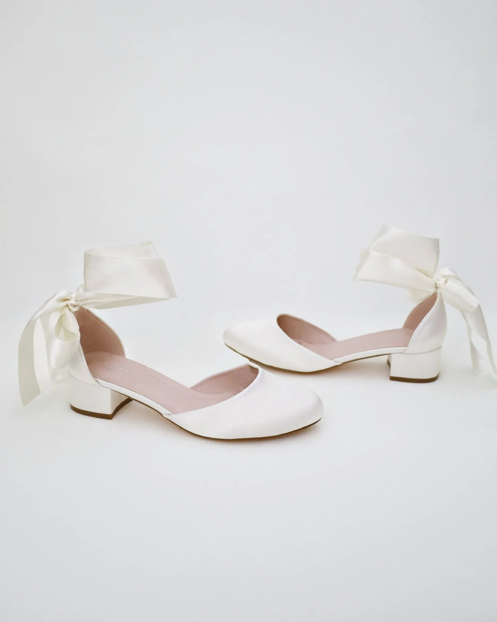 Round Toe Satin Block Heel with Wrapped Ribbon Tie