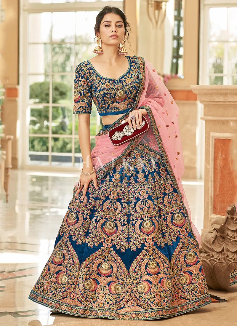 Royal Blue And Pink Embroidery Wedding Lehenga Choli