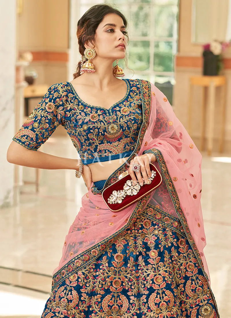 Royal Blue And Pink Embroidery Wedding Lehenga Choli