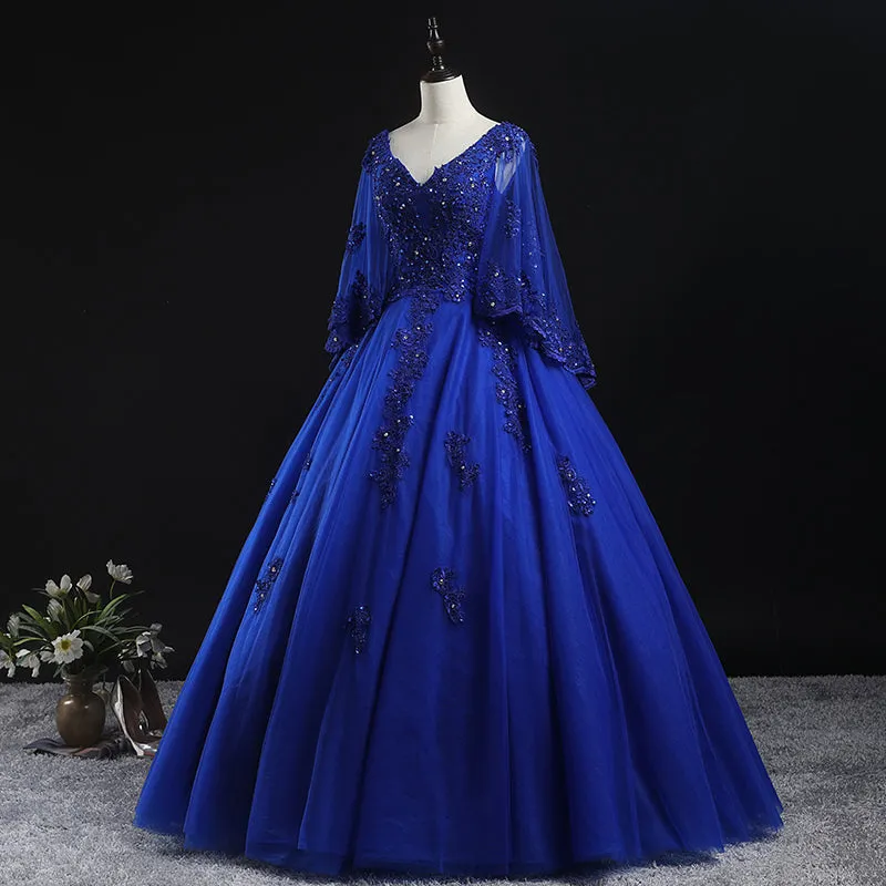 Royal Blue Ball Gown Lace Applique Quinceanera Dresses, Tulle Floor Length Sweet 16 Dresses
