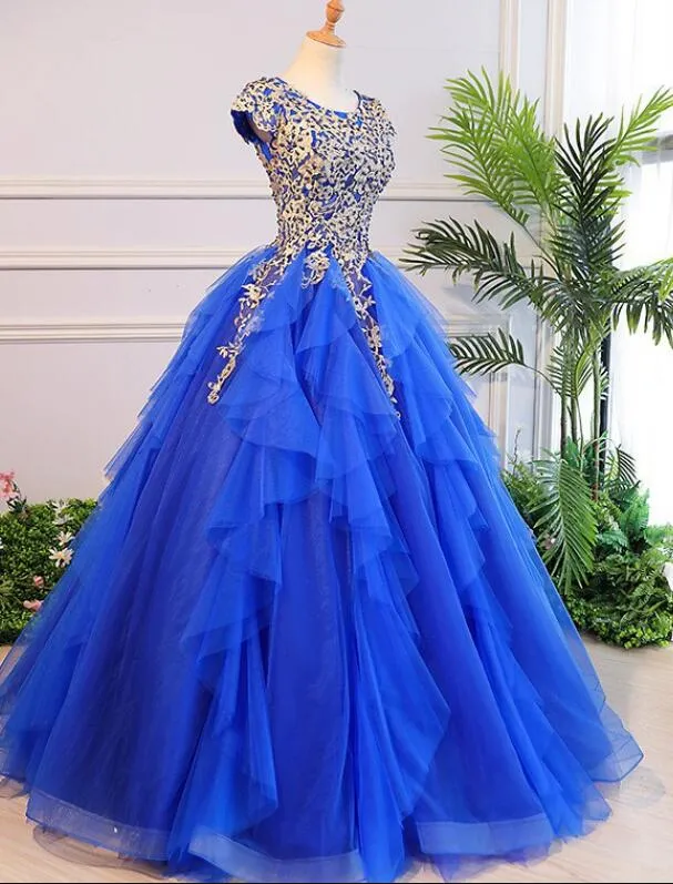 Royal Blue Cap Sleeves Long Ball Gown Party Dress, Blue Prom Dress