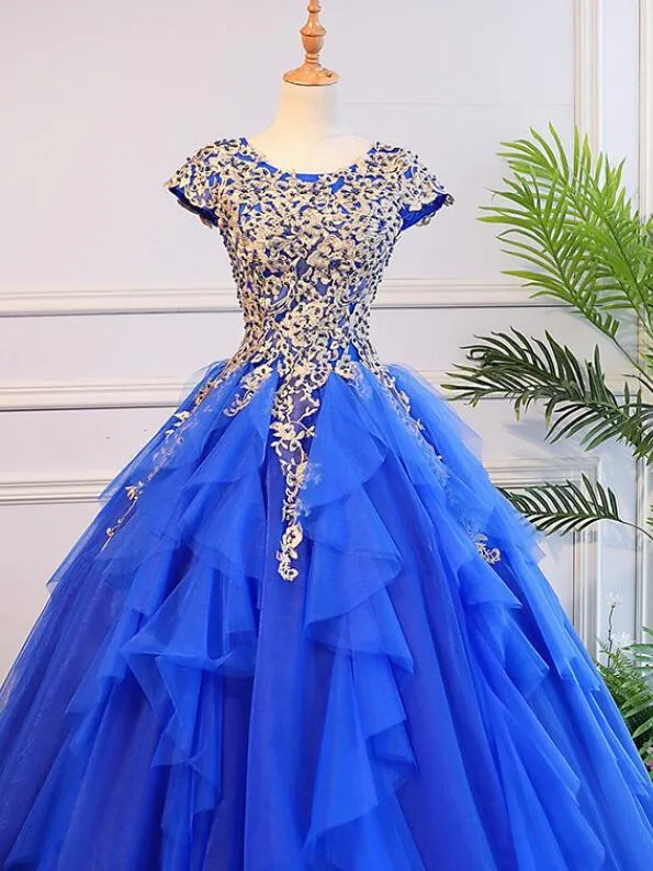Royal Blue Cap Sleeves Long Ball Gown Party Dress, Blue Prom Dress