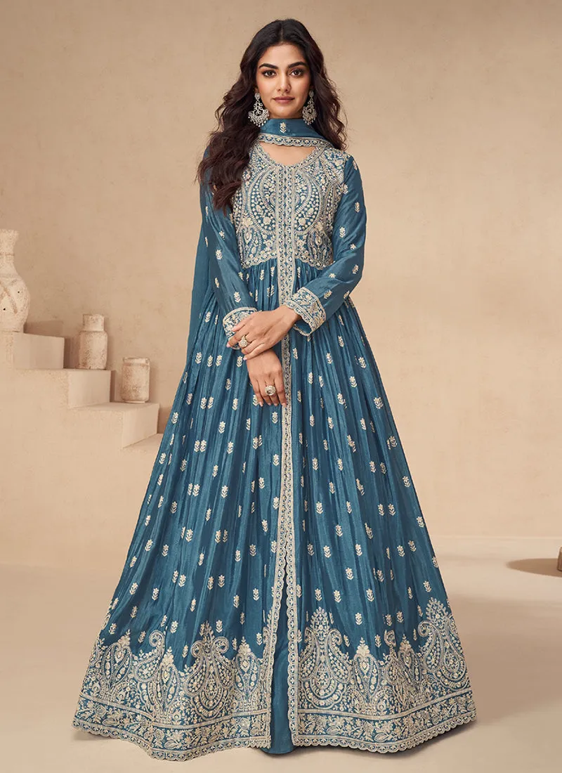 Royal Blue Embroidered Slit Style Anarkali Lehenga