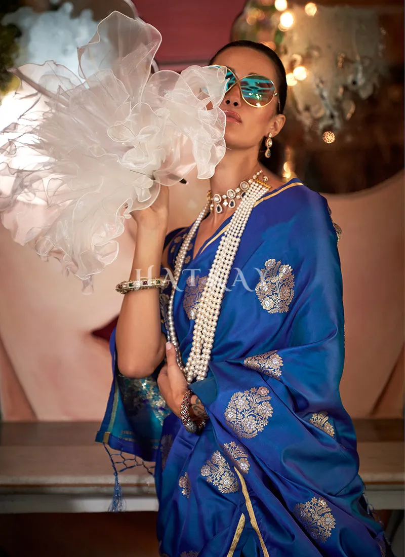 Royal Blue Golden Handloom Silk Saree