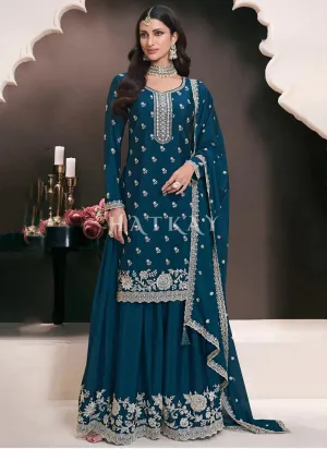 Royal Blue Reshamkari Embroidery Sharara Suit