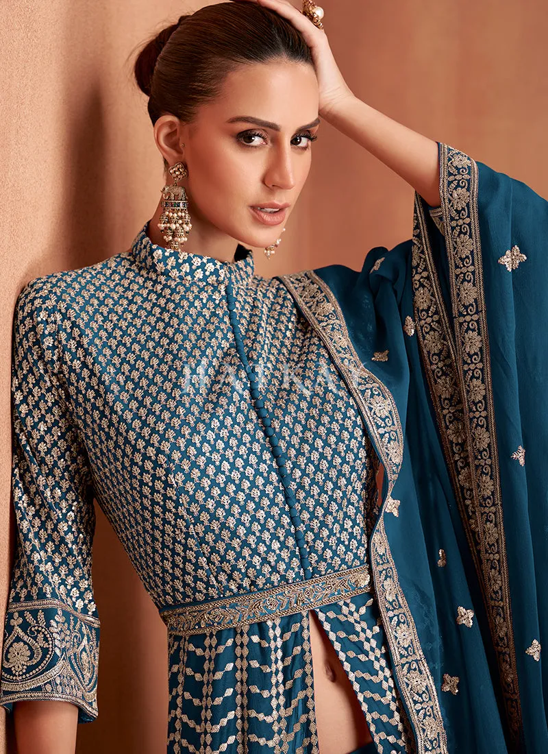 Royal Blue Slit-Style Anarkali Lehenga