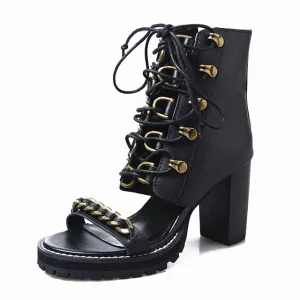 Runway Lace Up Block Heels Sandals Womens Street Black Punk Open Toe High Heels Summer Shoes Genuine Leather Platform Sandals