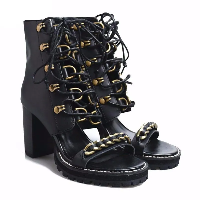 Runway Lace Up Block Heels Sandals Womens Street Black Punk Open Toe High Heels Summer Shoes Genuine Leather Platform Sandals