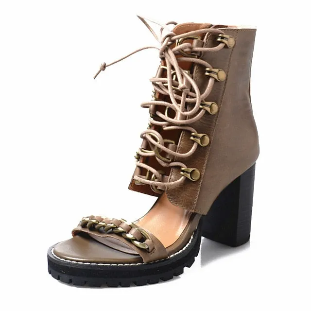 Runway Lace Up Block Heels Sandals Womens Street Black Punk Open Toe High Heels Summer Shoes Genuine Leather Platform Sandals