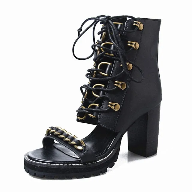 Runway Lace Up Block Heels Sandals Womens Street Black Punk Open Toe High Heels Summer Shoes Genuine Leather Platform Sandals