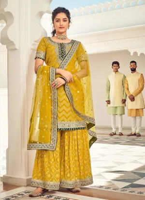Saffron Yellow Zari Embroidered Georgette Sharara Suit