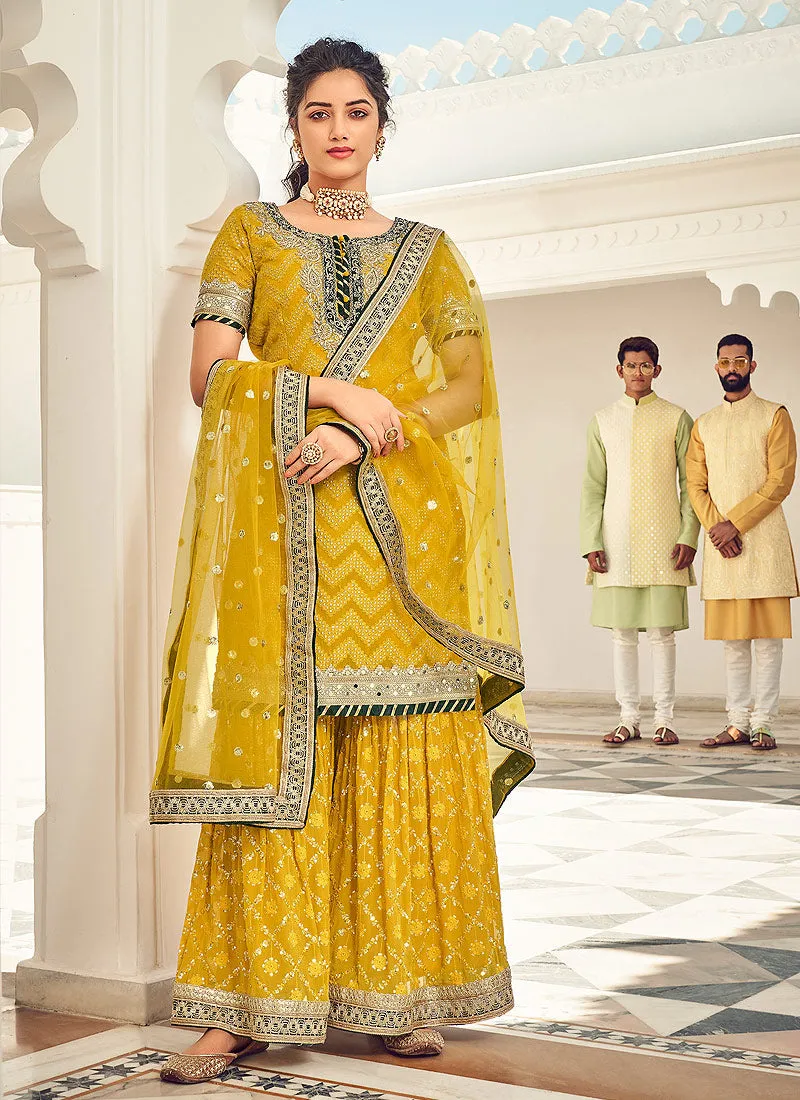 Saffron Yellow Zari Embroidered Georgette Sharara Suit