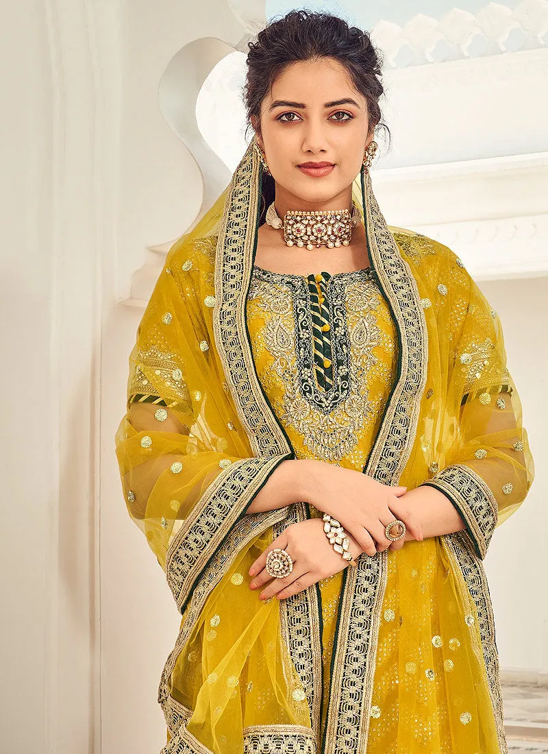 Saffron Yellow Zari Embroidered Georgette Sharara Suit