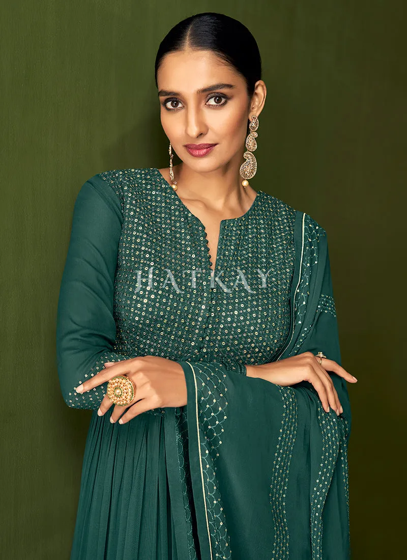 Sage Green Traditional Embroidered Anarkali Palazzo Suit