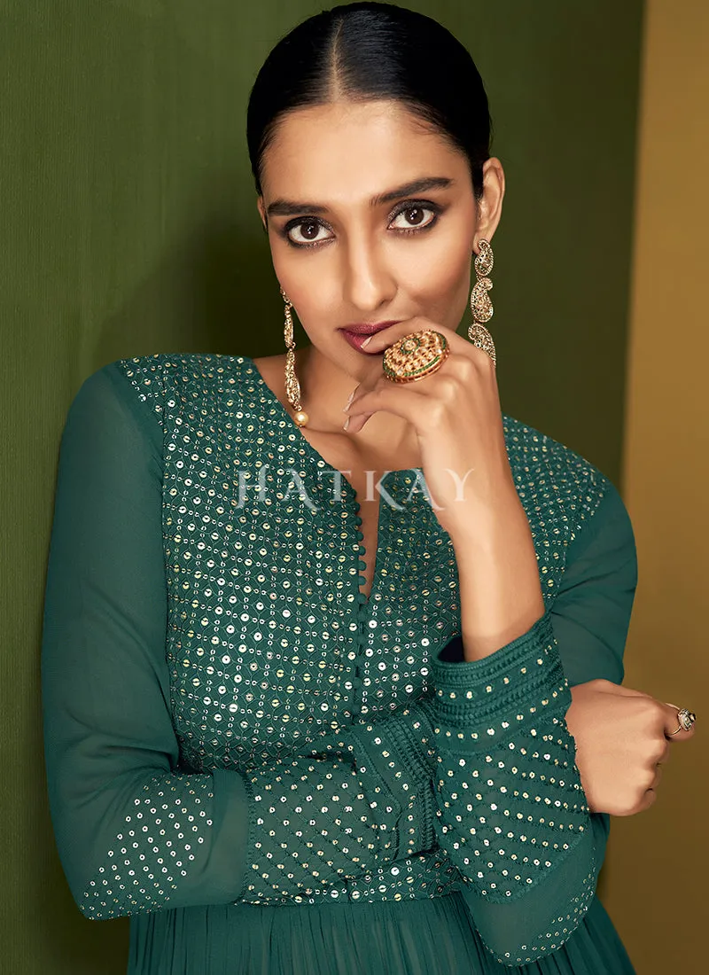 Sage Green Traditional Embroidered Anarkali Palazzo Suit
