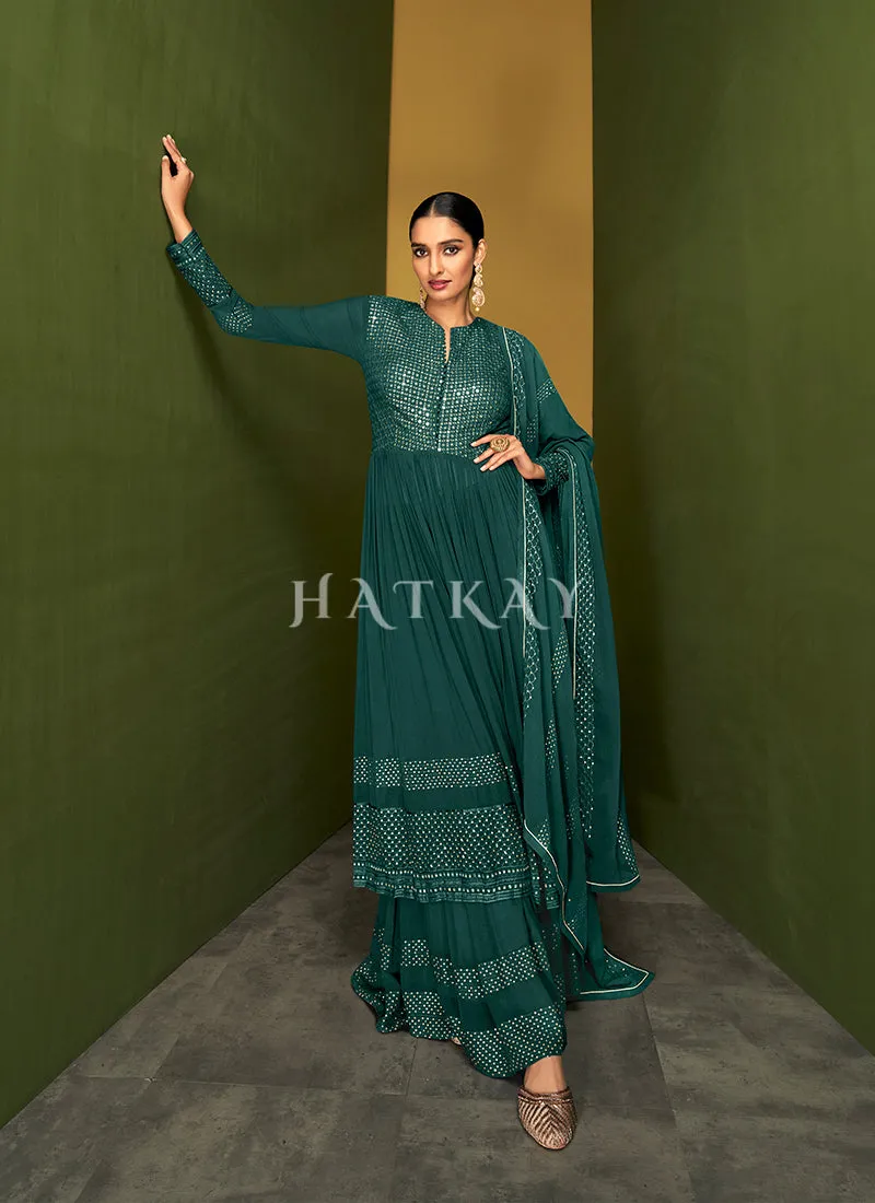 Sage Green Traditional Embroidered Anarkali Palazzo Suit
