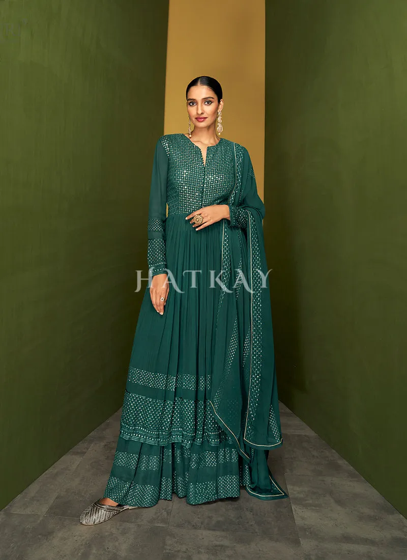 Sage Green Traditional Embroidered Anarkali Palazzo Suit