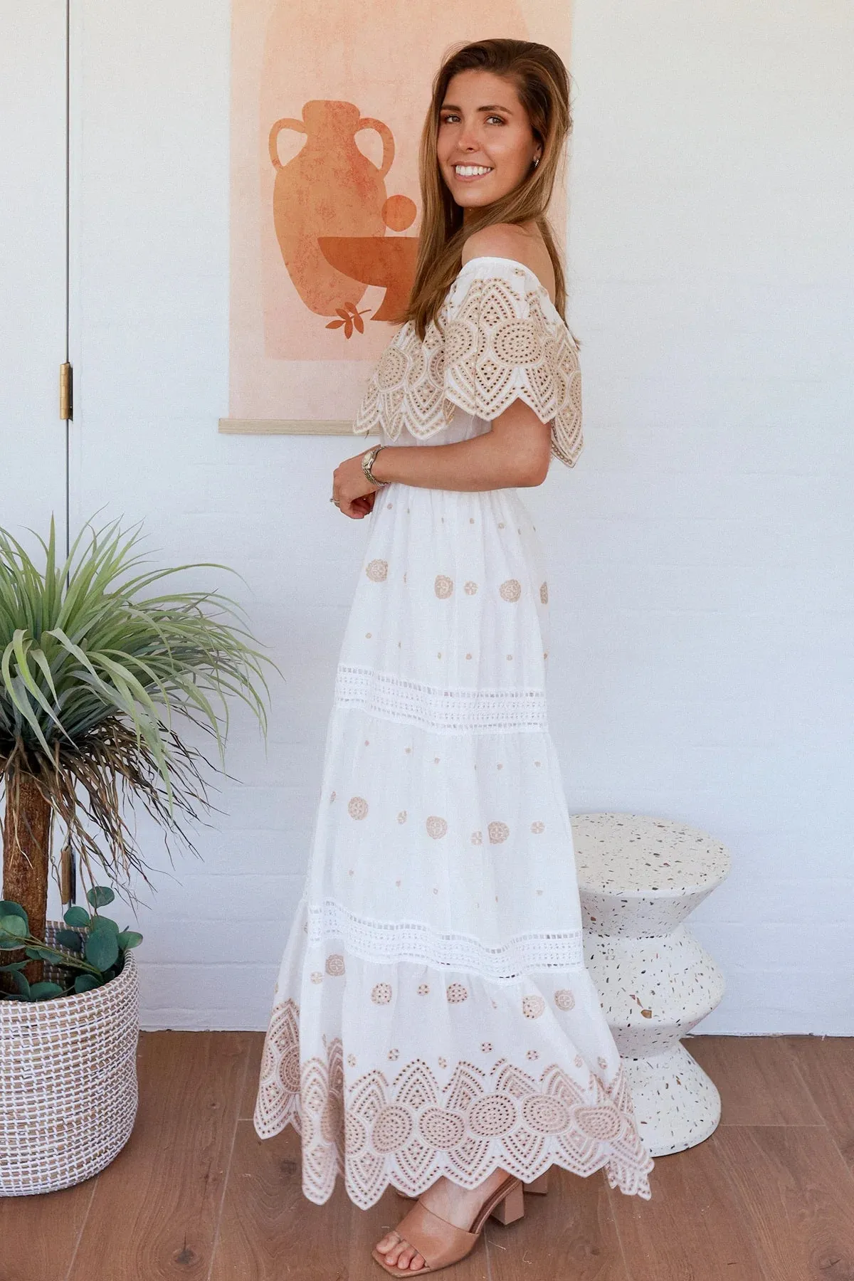 Salty Palm Resort Off The Shoulder Embroided Maxi Dress