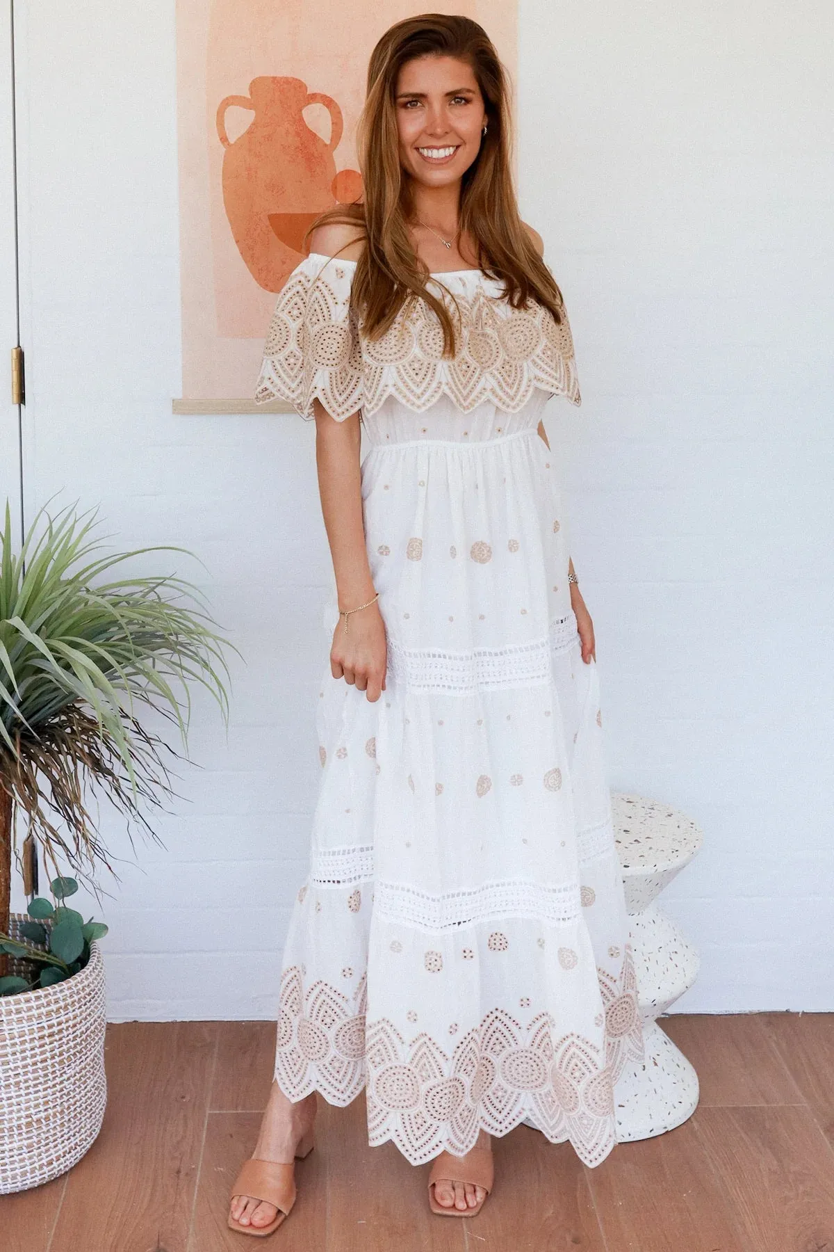 Salty Palm Resort Off The Shoulder Embroided Maxi Dress