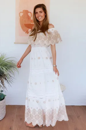 Salty Palm Resort Off The Shoulder Embroided Maxi Dress