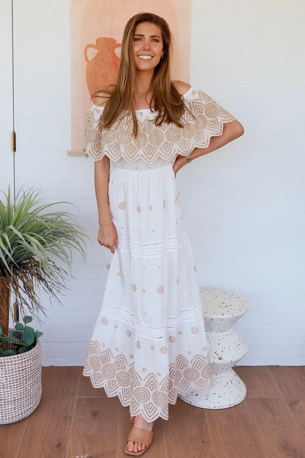 Salty Palm Resort Off The Shoulder Embroided Maxi Dress